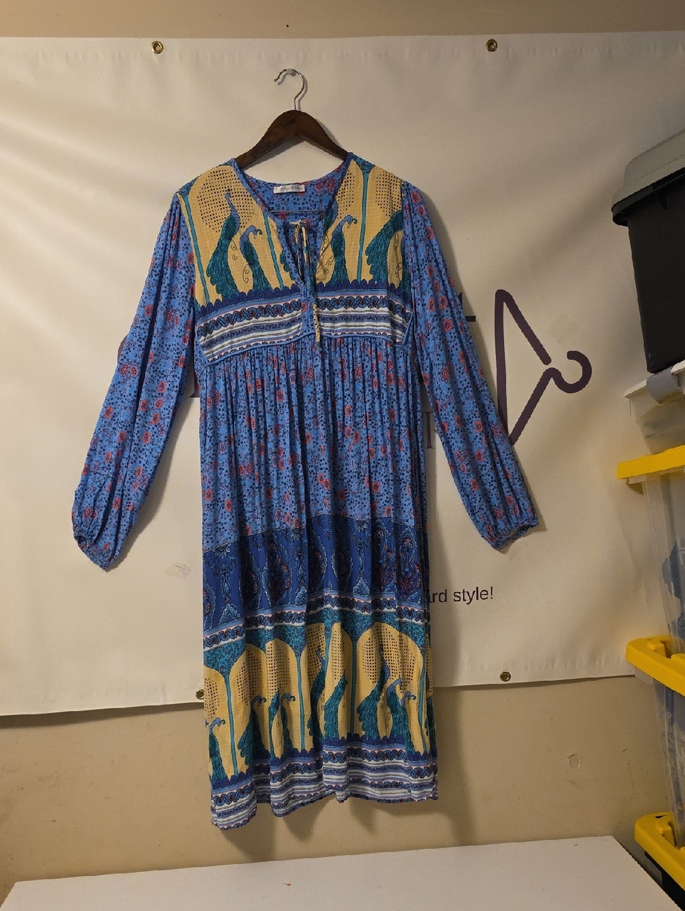 Blue Floral Long-Sleeve Bohemian Dress with Contrast Panels